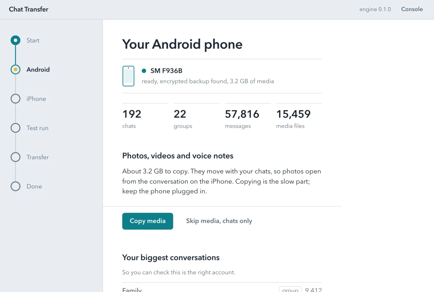 After decrypting: counts of chats, groups, messages and media files, with a Copy media button.