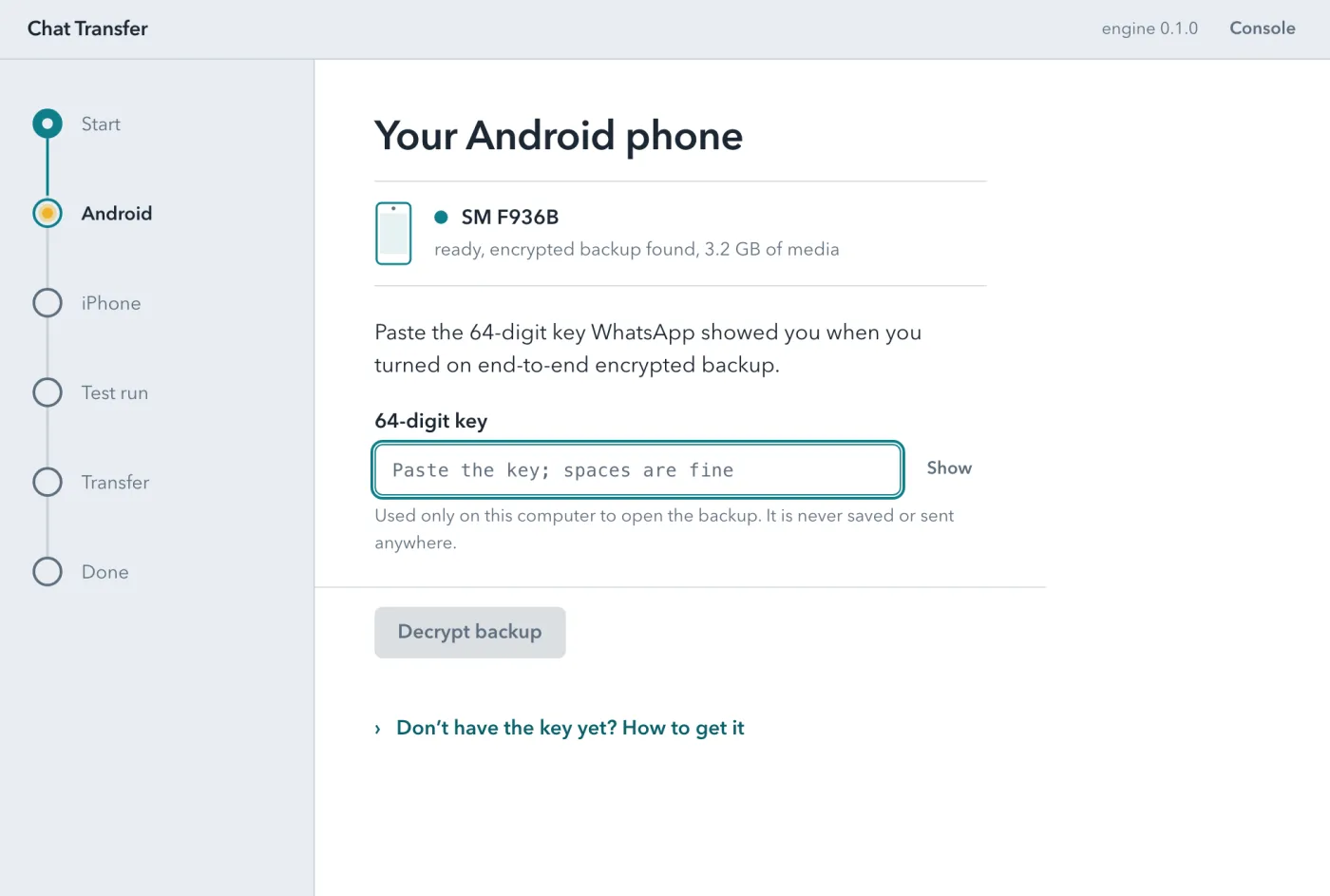 The Android screen: the phone is connected with an encrypted backup found, and a field for the 64-digit key.