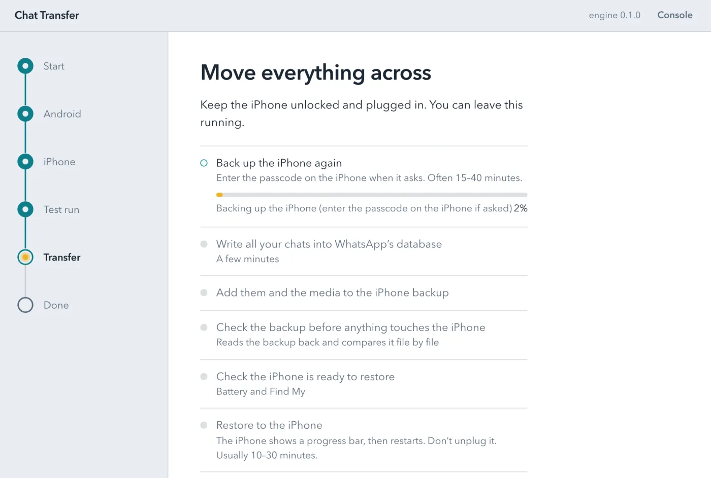 The Transfer screen during the run: a list of steps from backing up to restoring, with the current one showing progress.